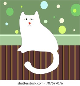 Sad white cat sitting on the floor in the room