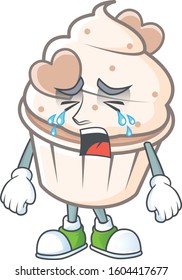 Sad of white cream love cupcake cartoon mascot style