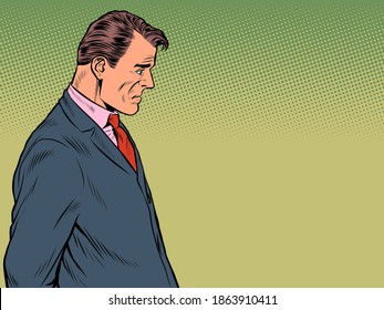 Sad white man. The person is standing in profile. Loneliness sadness depression despondency disappointment. Pop art retro illustration vintage kitsch 50s 60s style