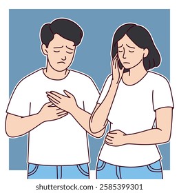 A sad white man and woman (husband and wife or friends) stand with their hands over their chests. The blue background emphasizes their sadness.
