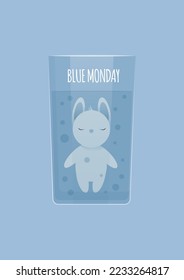 A sad white rabbit swims in a transparent glass of water