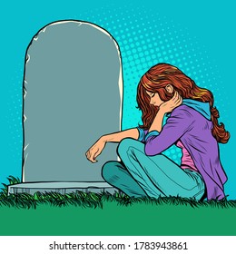 A Sad Widow Or Daughter Near A Grave In The Cemetery. Memorial Day, Veteran Father Or Husband.. Pop Art Retro Vector Illustration Kitsch Vintage 50s 60s Style