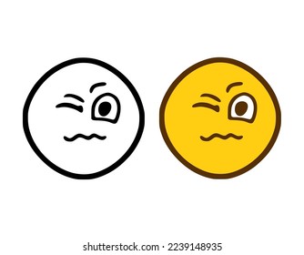 Sad winking emoticon in doodle style isolated on white background