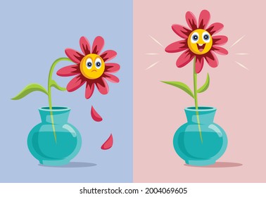 Sad Withered flower that Rejoices Vector Cartoon. Dry plant blossoming again after care and love at home
