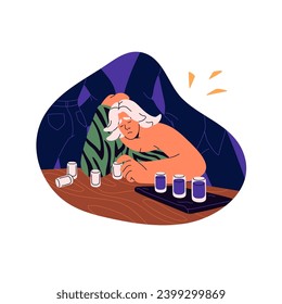 Sad woman abuses of strong alcohol. Drunk alcoholic drinks shots on party, sleeps on bar counter. Harmful habit, unhealthy addiction, alcoholism. Flat isolated vector illustration on white background