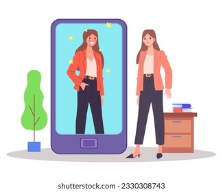 Sad woman with acne looking at perfect girl on phone screen. Filters in mobile applications causing harm to self-esteem of people vector illustration. Beauty standards, social media concept