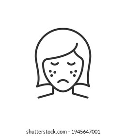 Mujer triste con acné en el estilo de la línea del icono de la cara aislada en el fondo blanco. Ilustración del vector