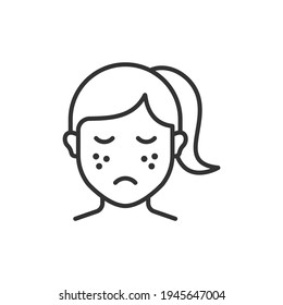 Sad woman with acne on the face icon line style isolated on white background. Vector illustration