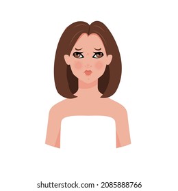 Sad woman with acne on the face. Pimple on skin. Dermatology problem and puberty. Trouble with skin. Vector illustration in flat style