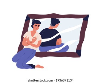 Sad woman with anorexia and distorted body perception looking at mirror reflection. Concept of psychological problems and dysmorphophobia. Colored flat vector illustration isolated on white background