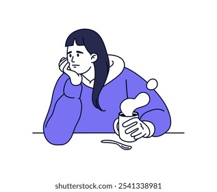 Sad woman in apathy. Depressed girl with cup of coffee despairs. Unhappy bored person in crisis, burnout. Pensive character with negative emotions, bad mood. Flat isolated outline vector illustration