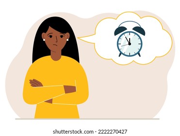Sad woman with a balloon of air thoughts with an alarm clock. Time management, planning, organization of working time, effective business, deadline. Vector flat illustration