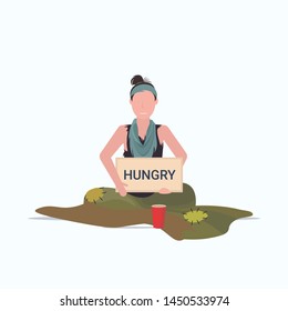 sad woman beggar holding sign board with hungry text girl begging for help homeless concept flat full length white background