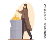 Sad Woman Beggar Warming Hand on Fire Burning in Metal Barrel, Female Character Wearing Ragged Clothing Living on Street, Homeless Poor Girl Bum Need Support, Help. Cartoon People Vector Illustration