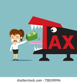 Sad woman and big tax with sharp teeth, illustration vector cartoon