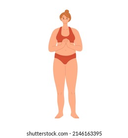 Sad Woman In Bikini With Slightly Fat Chubby Body. Chunky Female In Underwear With Little Bit Overweight Belly. Unhappy Shy Person In Lingerie. Flat Vector Illustration Isolated On White Background