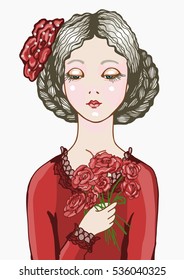 Sad woman with blushed cheeks, pale skin, platinum blonde hair, double braid updo and a rose barrette in a crimson red dress with bouquet of flowers on a date or funerals