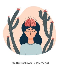 Sad woman with a brain restriction or dysfunction. Cacti with thorns around her. Depression, schizophrenia, obsessive compulsive thoughts, stress, mental health, neurological or bipolar disorder