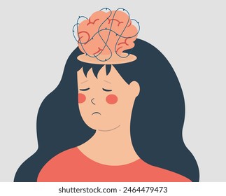 Sad woman with a brain surrounded by the prickly thorns. Female with limited creativity. Brain restriction or dysfunction. Mental health illness and neurological disorders concept. Vector illustration