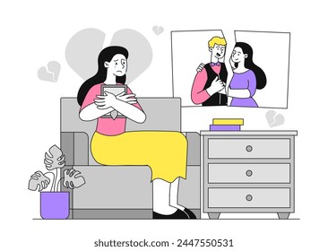 Sad woman with break up linear. Young girl sitting at sofa with photo. Family after divorce. Frustration and depression, loneliness. Simple flat vector illustration isolated on white background