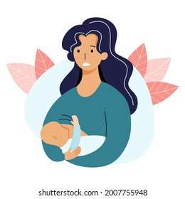 Sad woman is breastfeeding  baby. Mom and infant. Problems with breastfeeding. Pain and discomfort. Symptoms of mastitis.