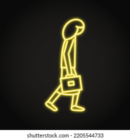 Sad woman with briefcase neon icon. Dismissed businesswoman. Vector illustration.
