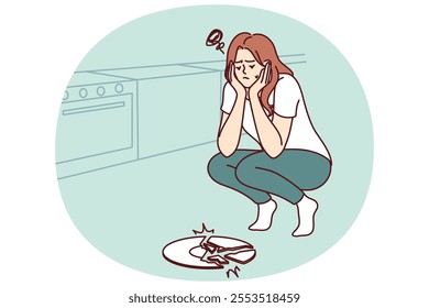 Sad woman broke plate in kitchen and is sad because of favorite saucer given by friends. Frustrated housewife girl dropped ceramic plate while cooking dinner and needs to buy new dishes