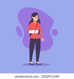 Sad woman with broken arm vector illustration. Female cartoon character having arm in plaster cast. Accident, medicine and healthcare concept