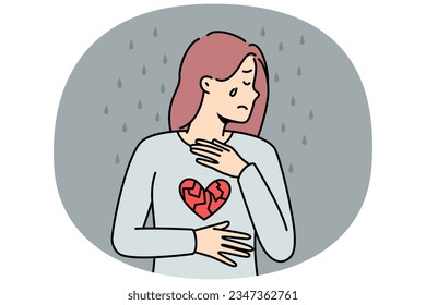 Sad woman with broken heart crying suffer from breakup or separation. Upset girl feel distressed depressed after divorce. Love relationship over. Vector illustration.