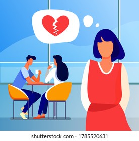 Sad woman with broken heart standing near happy couple. Date, girl, girlfriend flat vector illustration. Love and relationship concept for banner, website design or landing web page