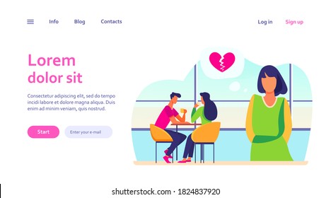 Sad woman with broken heart standing near happy couple. Date, girl, girlfriend flat vector illustration. Love and relationship concept for banner, website design or landing web page
