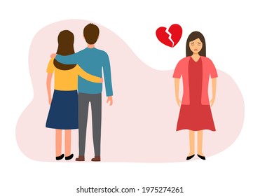 Sad woman with broken heart standing with happy loving couple. Sorrow and loneliness emotion.