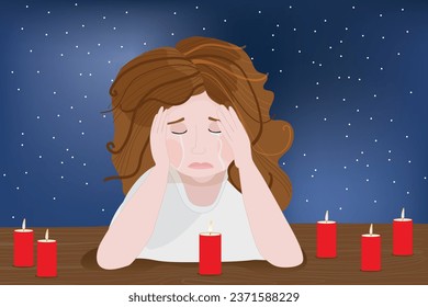 Sad woman with broken heart. The young angry woman has problems in the relationship. The girl feels hurt. Has depression. She is insanely sad and abandoned. Misses the person who died. Hand drawn vect