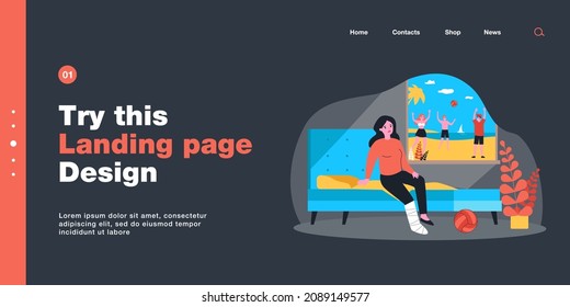 Sad woman with broken leg looking at people playing outside. Girl with leg in cast sitting on bed indoors flat vector illustration. Injury, summer concept for banner, website design or landing page