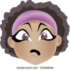 a sad woman with brown hair in a white background