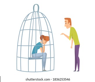 Sad woman in cage. Domestic violence, man laughing sad girl. Wife husband, unhealthy family vector illustration