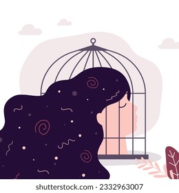 Sad woman in cage due inner fears. Phobias, anxiety, panic attack. Psychology, solitude, fear or mental health problems, depression. Domestic violence, inequality. Hair style. flat vector illustration