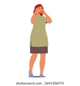 Sad woman cartoon character suffering from concentrating issues rubbing her temples trying to remember important information vector illustration isolated on white background. Menopause syndrome