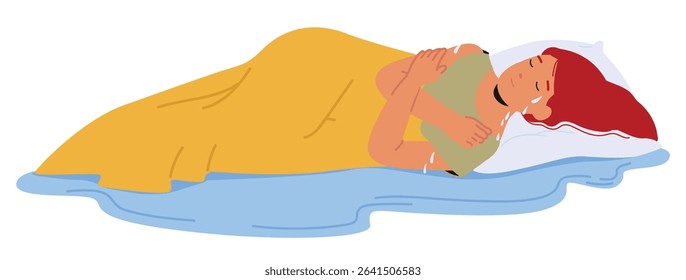 Sad woman cartoon character suffering from night sweats menopause syndrome lying on bed under blanket feeling discomfort isolated on white. Health or psychological problems vector illustration