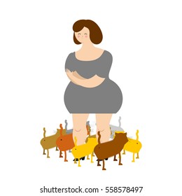 Sad woman with cats. Many pets. Illustration of sadness and loneliness
