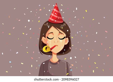 
Sad Woman Celebrating with Party Blower Vector Cartoon. Unhappy girl blowing festive whistled making noise feeling depressed
