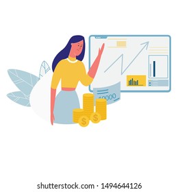 Sad Woman Character Pointing on Growing Arrow on Monitor Screen near Golden Coin Piles Banknotes on Isolated on White Background. Investment, Financial Risks, Profit Cartoon Flat Vector Illustration.