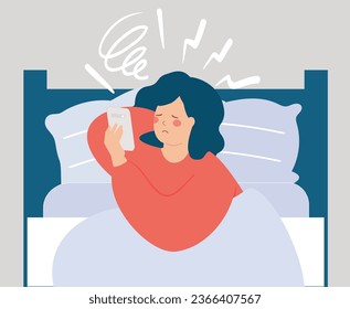 Sad woman checking her mobile and reads negative comments, critics and insults in her bed. Girl victim of cyberbullying and abuse on social media. mental health disorder concept. Vector illustration