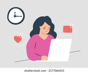 Sad woman checking the messages and interactions through her social media network. Girl feels emptiness and loneliness on internet. FOMO or fear of missing out concept. Vector illustration