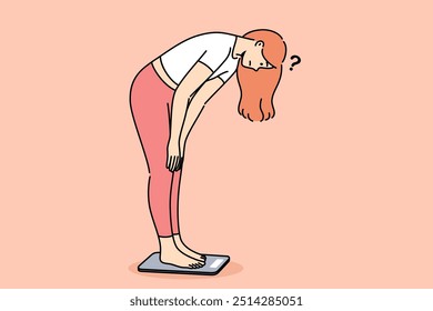 Sad woman checking own weight by stepping on scales and feeling embarrassed by increasing kilograms. Psychological disorder in thin girl who wants to become thinner and lose weight