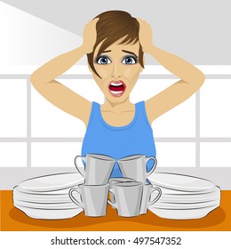 sad woman clasped her head because of dirty dishes pile needing washing up