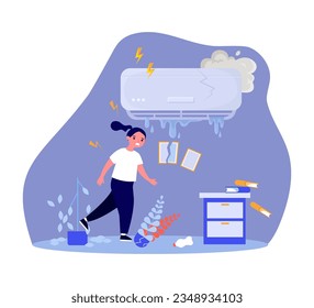 Sad woman cleaning destroyed room vector illustration. Broken air conditioner with dripping water, damaged furniture and photo frames after fight. Domestic violence, abusive relationship concept