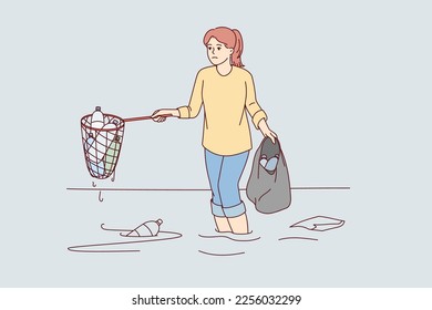 Sad woman cleans ocean of plastic garbage by pulling out bottles using scoop-net. Girl eco activist and volunteer to take care of nature puts garbage thrown into sea into bag. Flat vector design