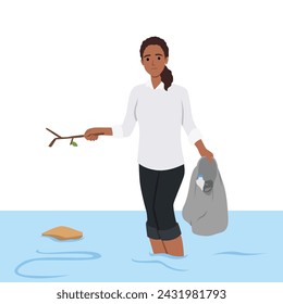 Sad woman cleans ocean of plastic garbage by pulling out bottles using scoop. Flat vector illustration isolated on white background