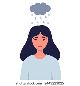 Sad woman with a cloud over her head. Sadness, loneliness, melancholy. Vector illustration